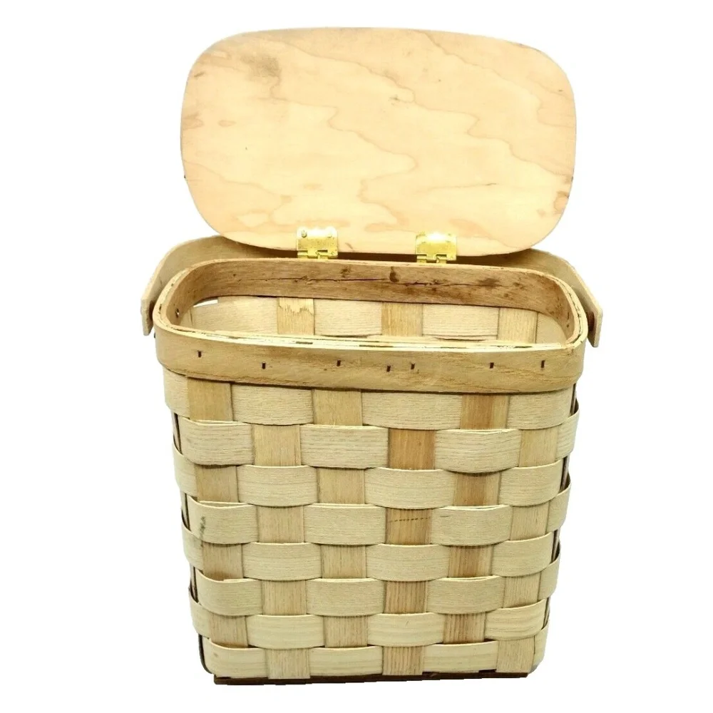 Vintage BASKETVILLE Putney, Vermont - Woven Swing Handle Basket w Lid